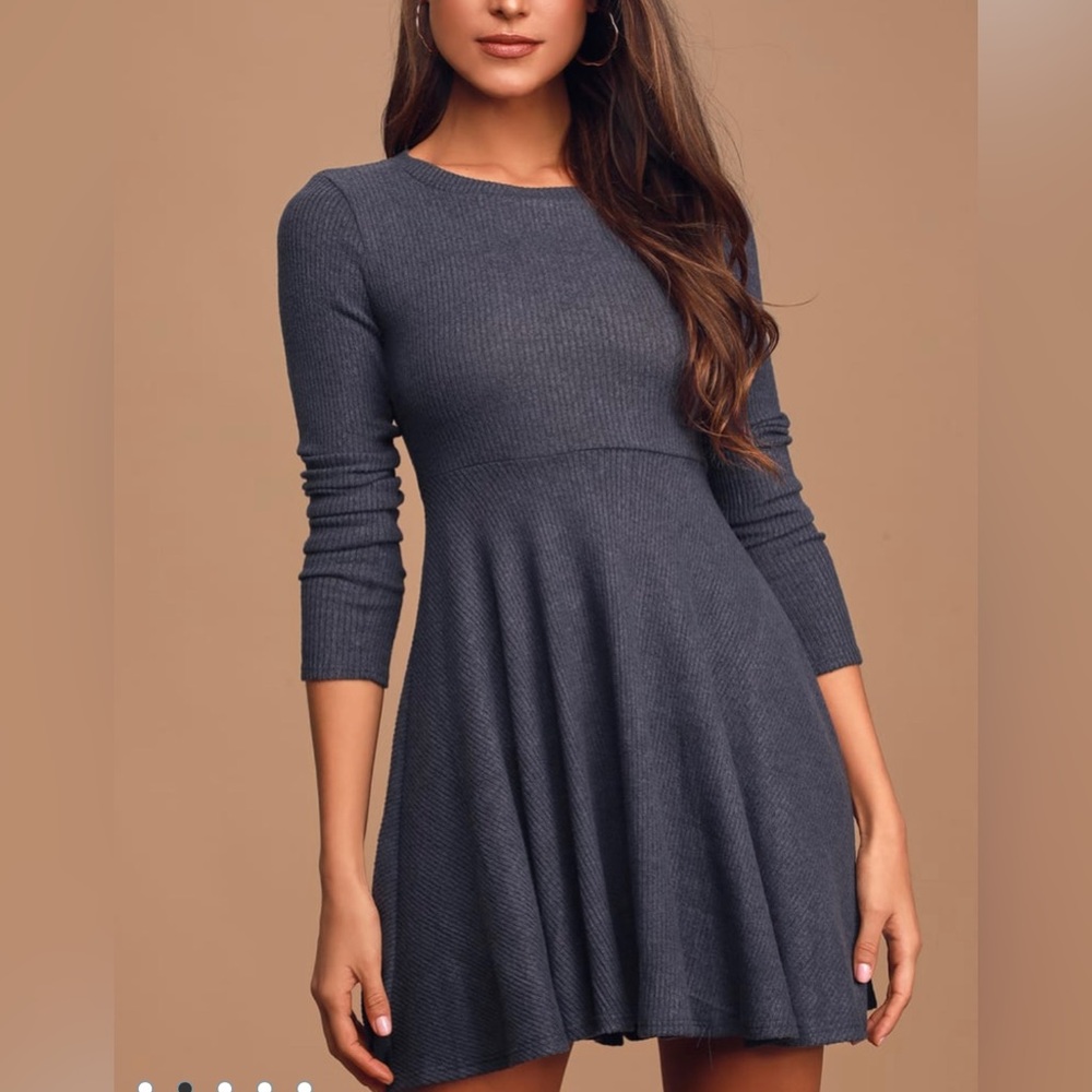 Lulu’s Fit and Fair Denim Blue Ribbed Knit Long Sleeve Skater Dress - Blue XS